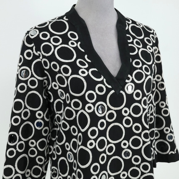Ann Taylor Top Womens 8 Black White Embroidered Cotton Tunic Sequins Side Zip - Picture 6 of 13